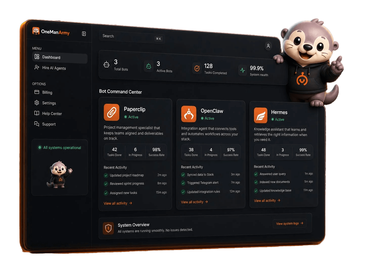 OneManArmy command dashboard with three bot status cards