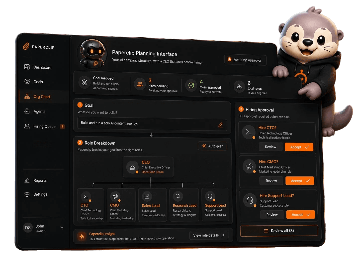 Paperclip CEO interface showing goal breakdown and hire approvals