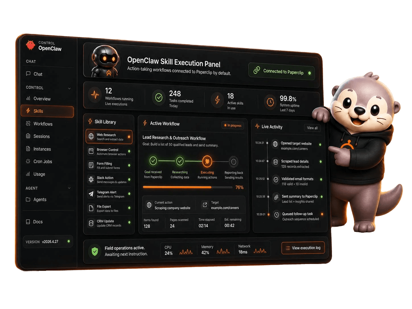 OpenClaw skill execution panel with workflow progress