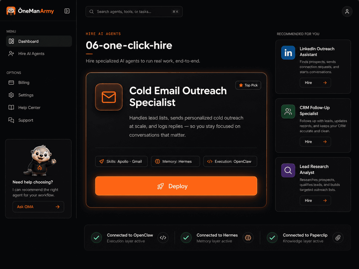 OneManArmy dashboard showing the AI Agent library with a Cold Email Outreach Specialist card and a prominent Deploy button