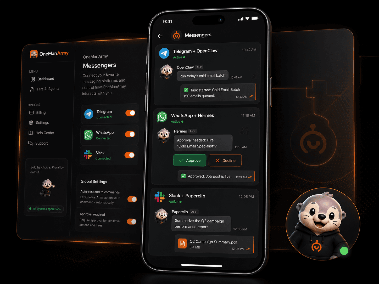 iPhone showing three chat threads — Telegram + OpenClaw, Slack + Hermes, Discord + Paperclip — beside the OneManArmy Messengers config screen