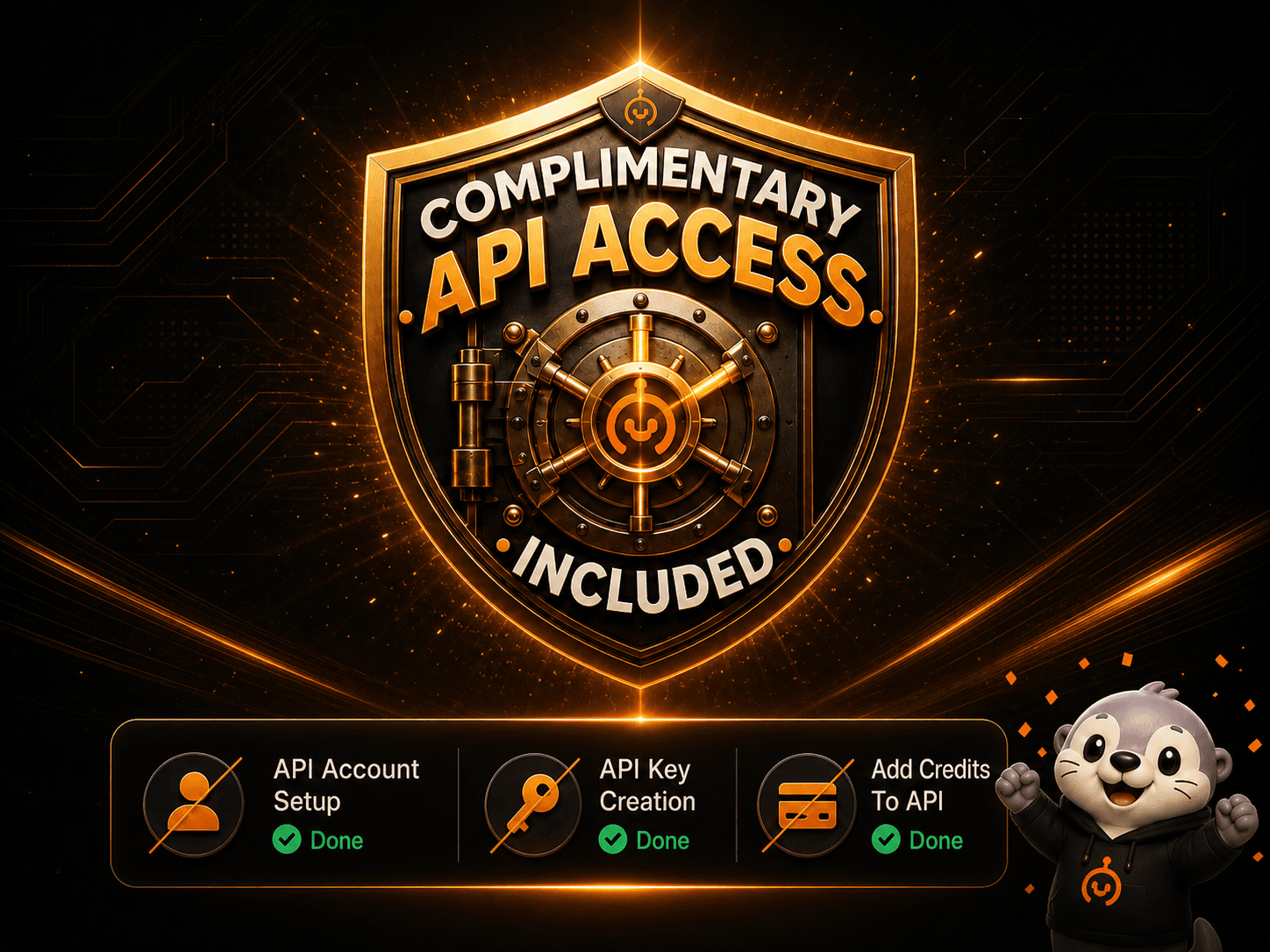 Complimentary API Access shield with vault and three friction items crossed out — API Account Setup, API Key Creation, Add Credits To API
