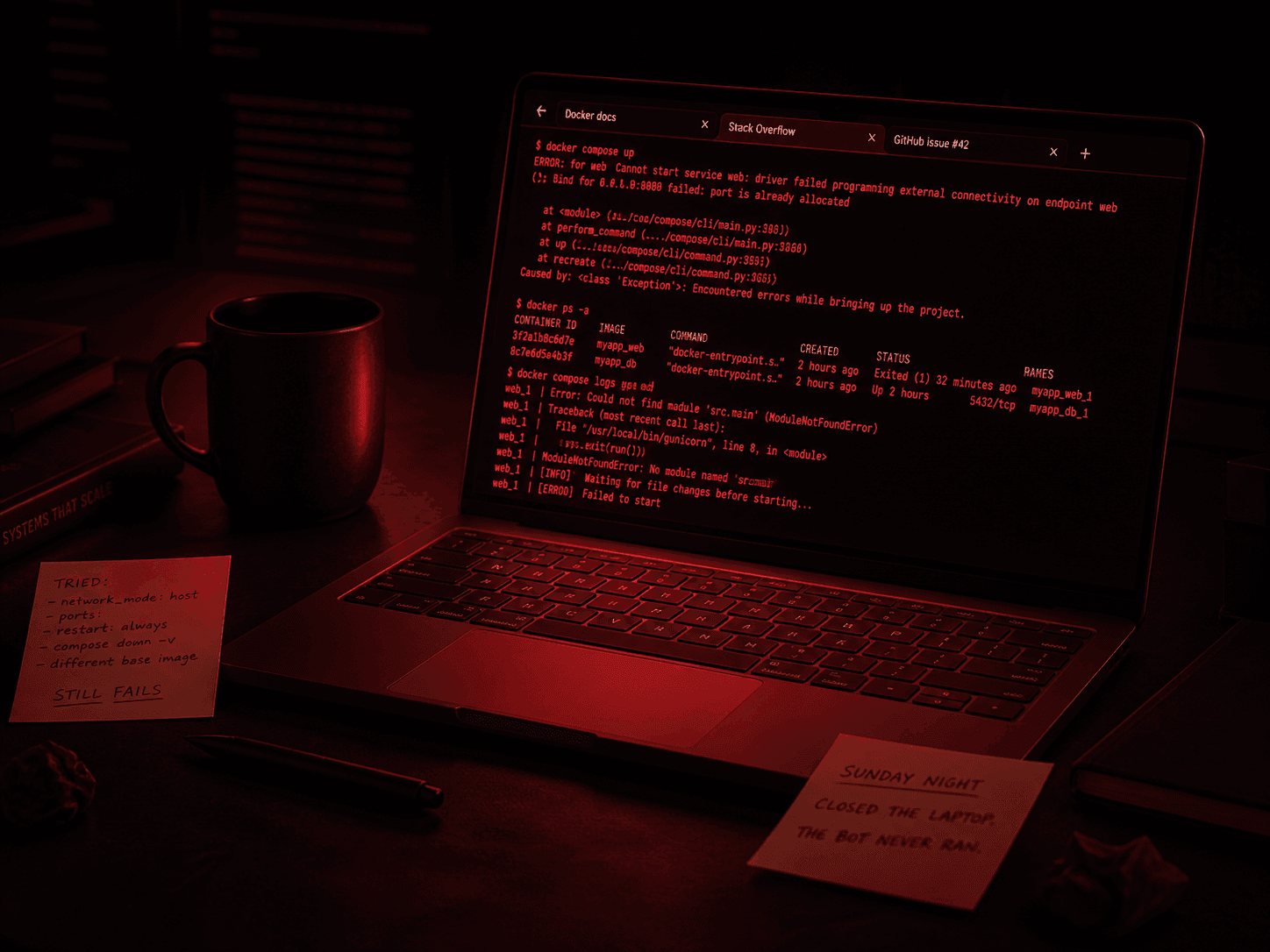 Abandoned laptop late at night with red error logs in the terminal