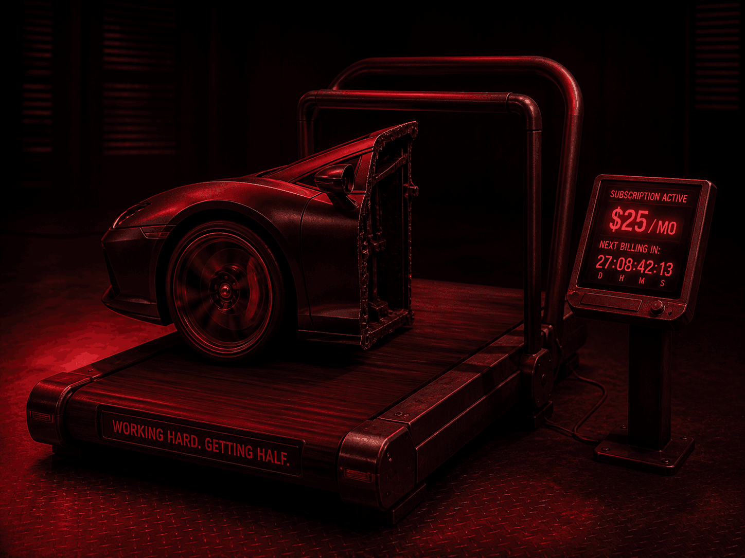 Half a car running on a treadmill — the single-bot wrapper metaphor