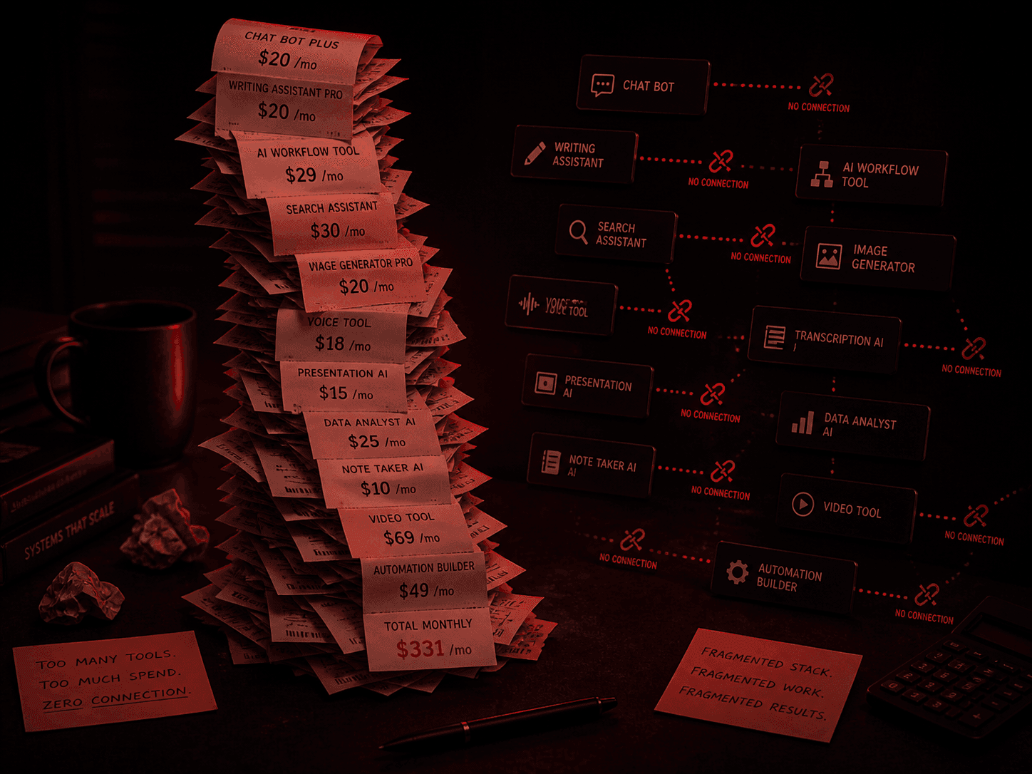 Stack of disconnected AI subscription cards — the subscription pile-up
