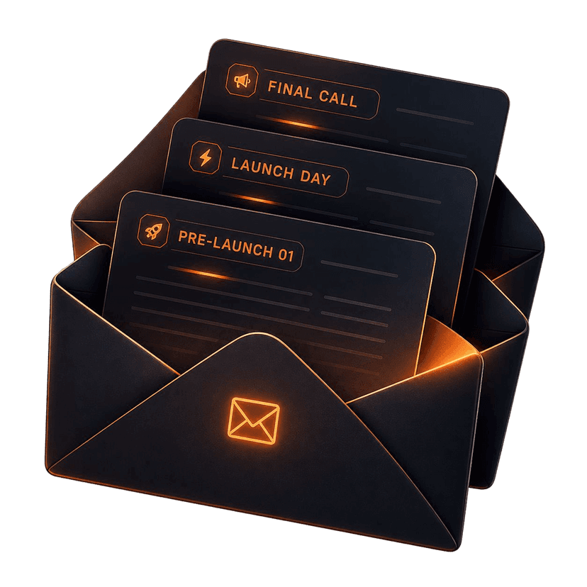Email swipe pack — Pre-Launch, Launch Day, and Final Call cards in an envelope