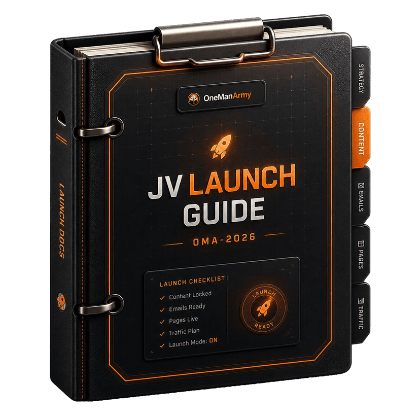 JV Launch Guide — OMA-2026 binder with strategy, content, emails, pages, and traffic tabs