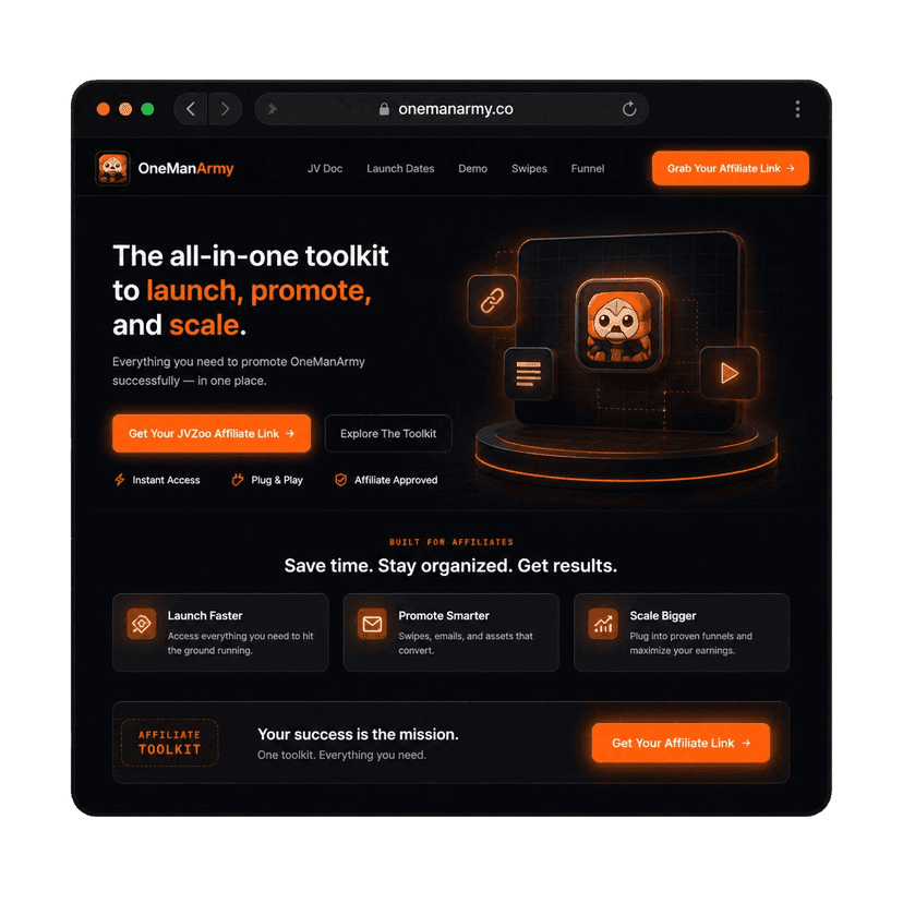 Sales page preview — onemanarmy.co browser mockup