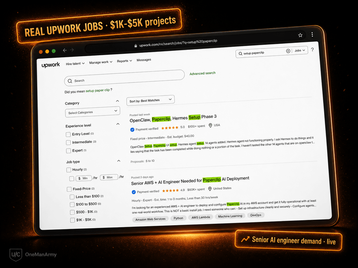 Real Upwork jobs for setup paperclip — payment-verified clients, projects from $40 to $5,000