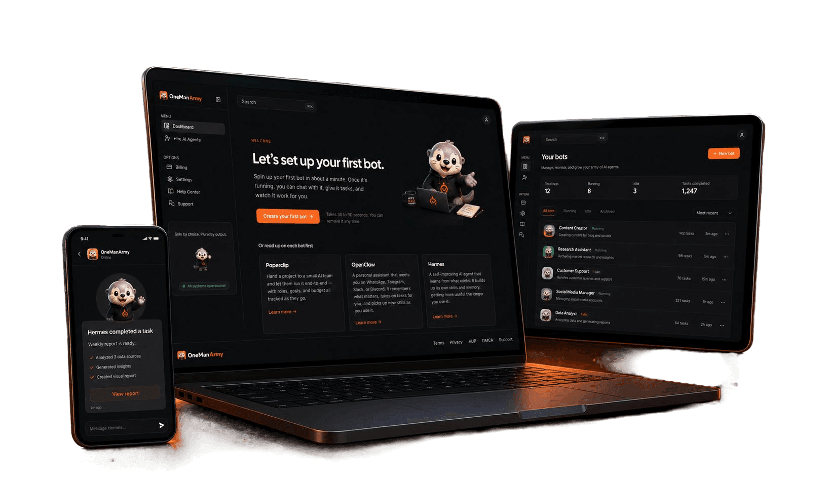 OneManArmy dashboard shown on MacBook, iPad, and iPhone — multi-device showcase